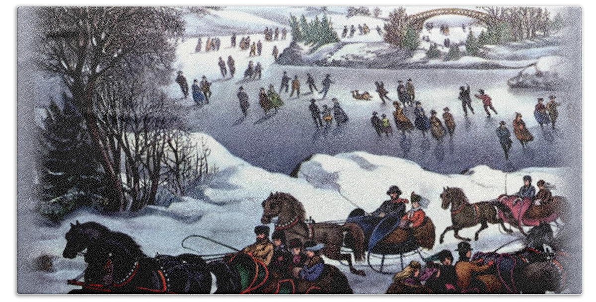 Winter Hand Towel featuring the painting Central Park in Winter by Currier and Ives