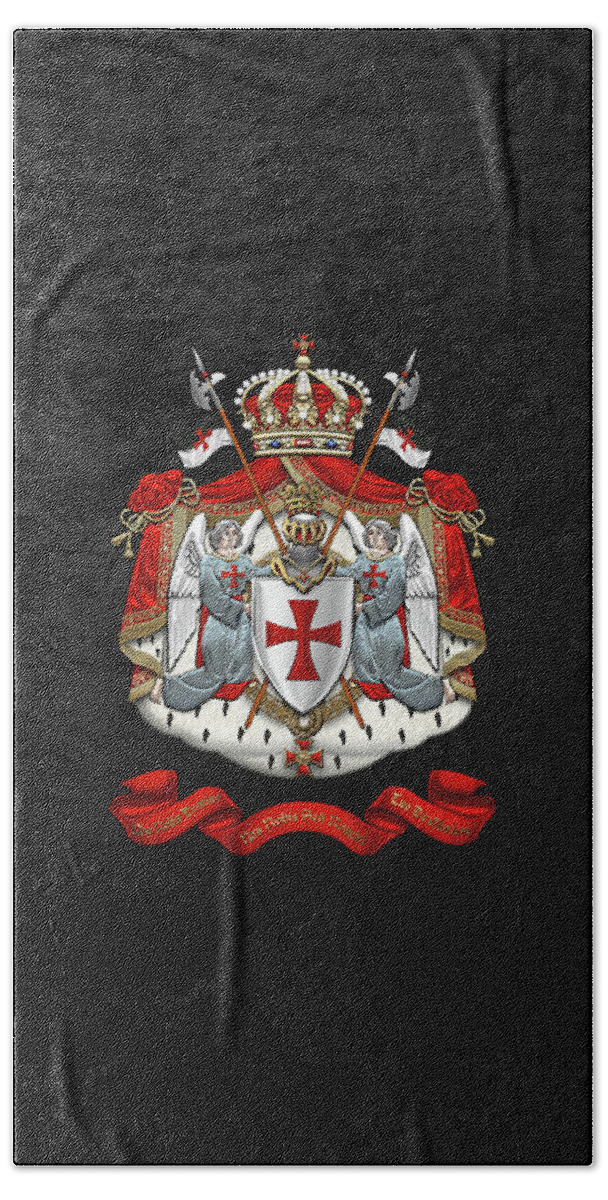 'ancient Brotherhoods' Collection By Serge Averbukh Hand Towel featuring the digital art Knights Templar - Coat of Arms over Black Velvet by Serge Averbukh