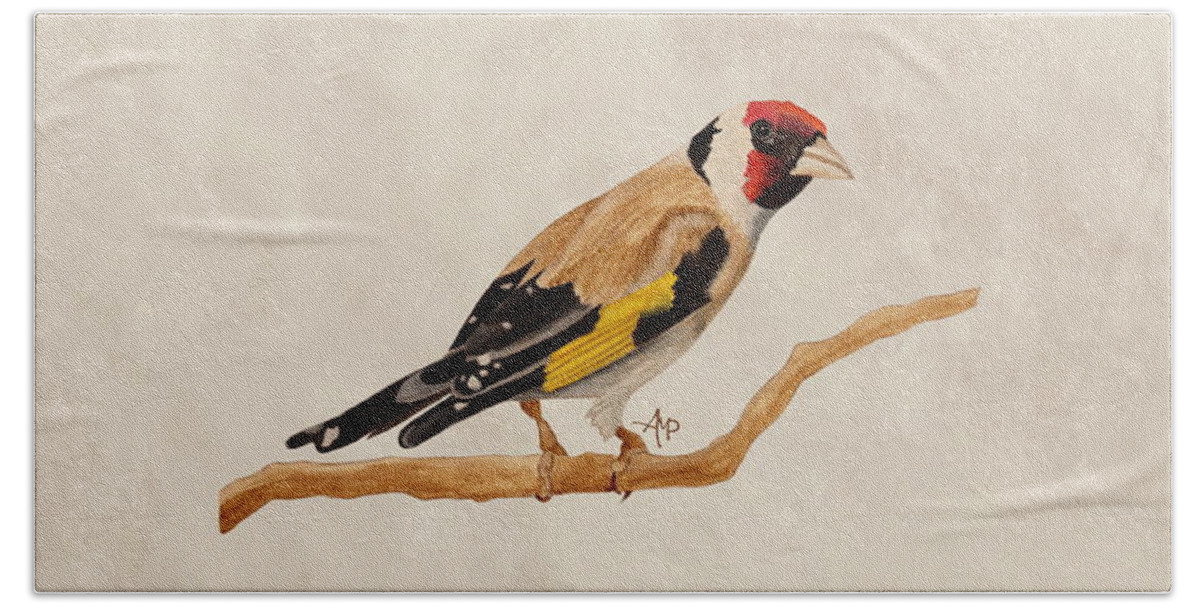 Goldfinch Bath Towel featuring the painting Goldfinch by Angeles M Pomata