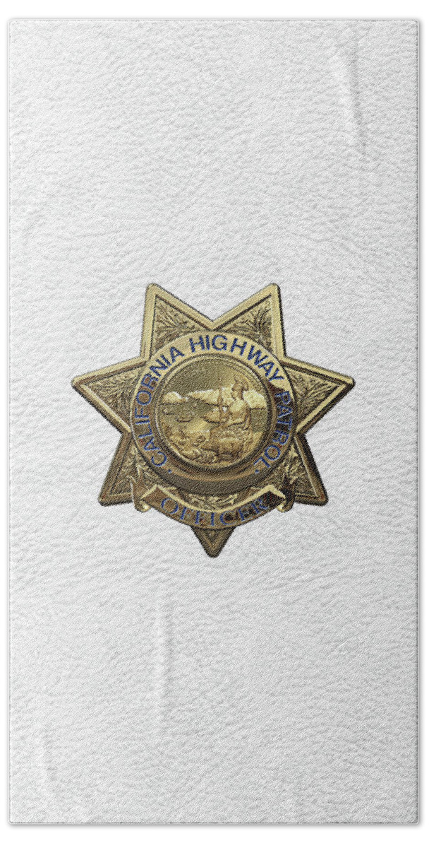 'law Enforcement Insignia & Heraldry' Collection By Serge Averbukh Bath Towel featuring the digital art California Highway Patrol - C H P Police Officer Badge over White Leather by Serge Averbukh