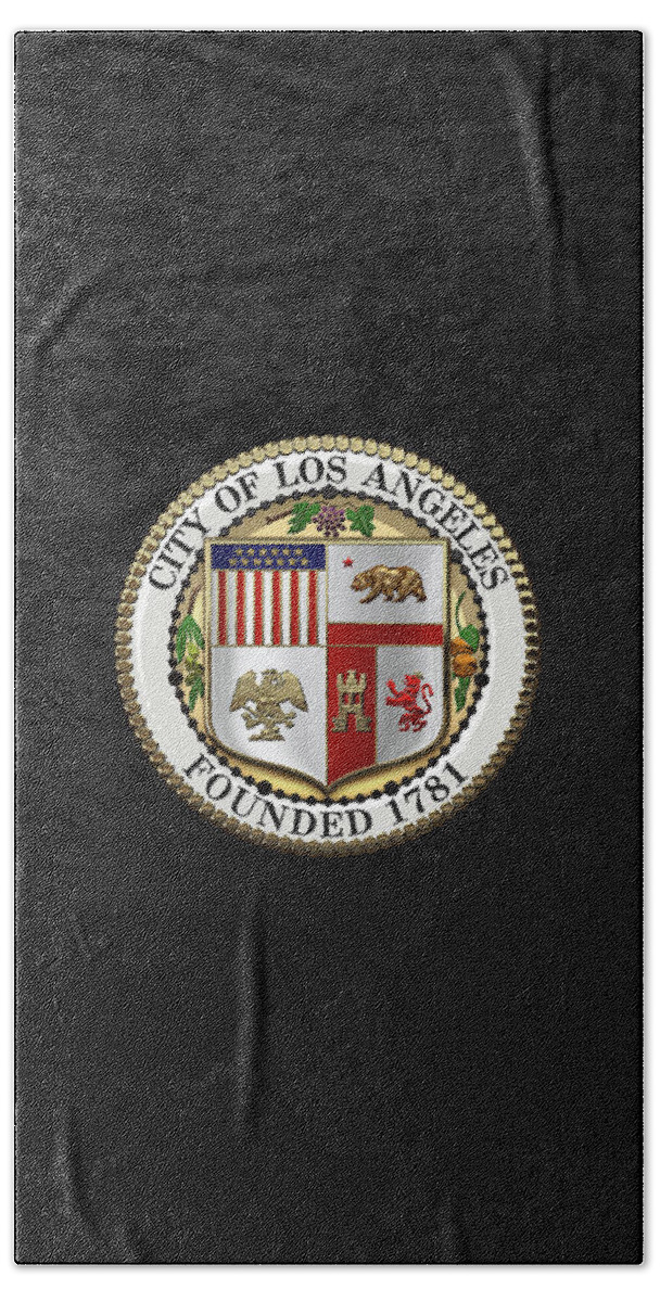 'cities Of The World' Collection By Serge Averbukh Bath Towel featuring the digital art Los Angeles City Seal over Black Velvet by Serge Averbukh