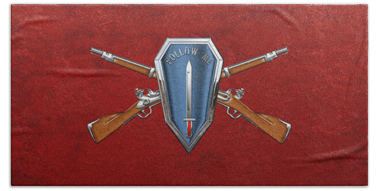 'military Insignia & Heraldry' Collection By Serge Averbukh Bath Towel featuring the digital art U. S. Army Infantry School Distinctive Unit Insignia over Red Velvet by Serge Averbukh