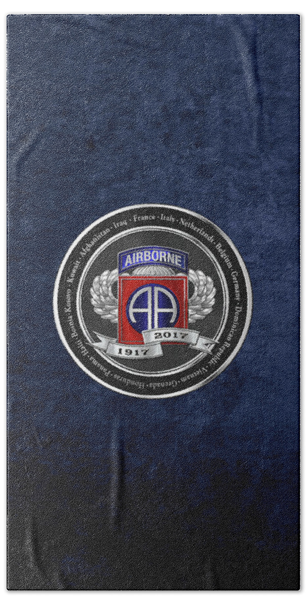 'military Insignia & Heraldry' Collection By Serge Averbukh Bath Towel featuring the digital art 82nd Airborne Division 100th Anniversary Medallion over Blue Velvet by Serge Averbukh