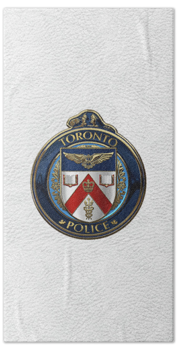 'law Enforcement Insignia & Heraldry' Collection By Serge Averbukh Bath Towel featuring the digital art Toronto Police Service - T P S Emblem over White Leather by Serge Averbukh