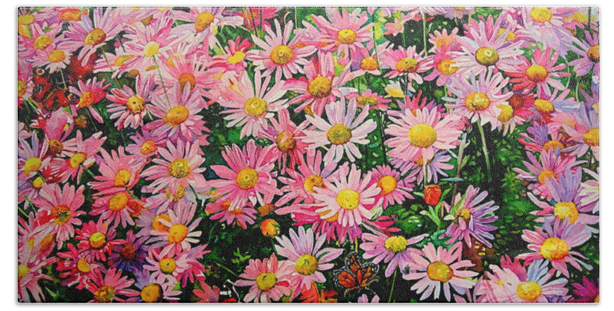 Daisy Bath Towel featuring the painting Marguerites et Papillons by Francoise Chauray