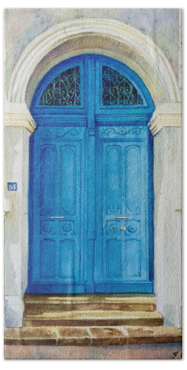 Porte Bath Towel featuring the painting Porte Bleue de l'Ancien Notaire by Francoise Chauray