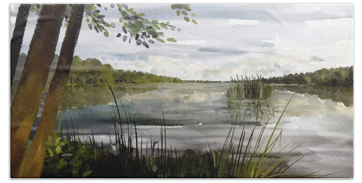Painting Bath Towel featuring the painting Quiet day by lake by Ivana Westin