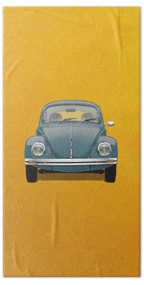 'volkswagen - Bugs And Buses' Collection By Serge Averbukh Bath Towel featuring the digital art Volkswagen Type 1 - Blue Volkswagen Beetle on Yellow Canvas by Serge Averbukh