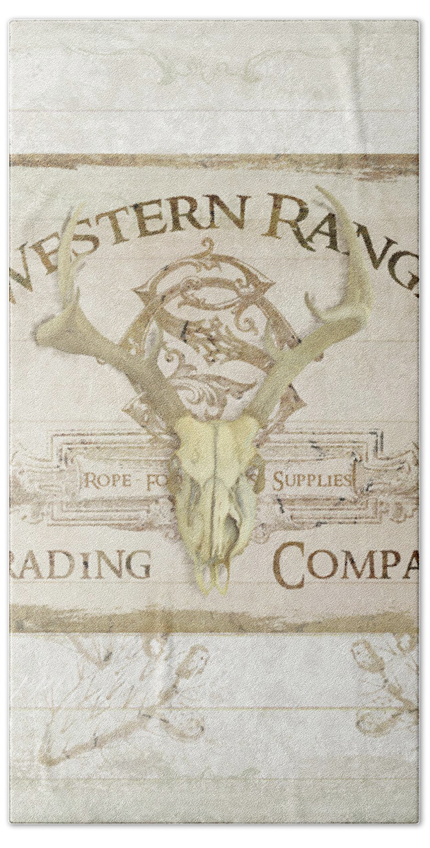 Western Bath Towel featuring the painting Western Range 3 Old West Deer Skull Wooden Sign Trading Company by Audrey Jeanne Roberts