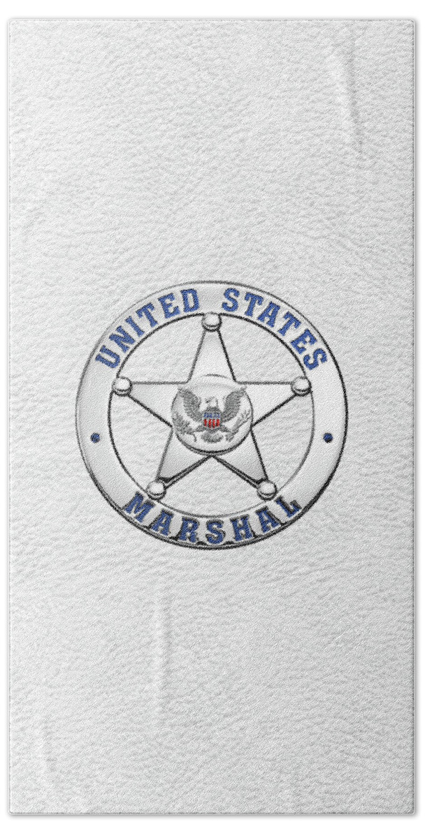 'law Enforcement Insignia & Heraldry' Collection By Serge Averbukh Bath Towel featuring the digital art U. S. Marshals Service - U S M S Badge over White Leather by Serge Averbukh