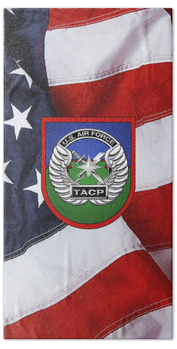 'military Insignia & Heraldry' Collection By Serge Averbukh Bath Towel featuring the digital art U. S. Air Force Tactical Air Control Party - T A C P Beret Flash With Crest over American Flag by Serge Averbukh