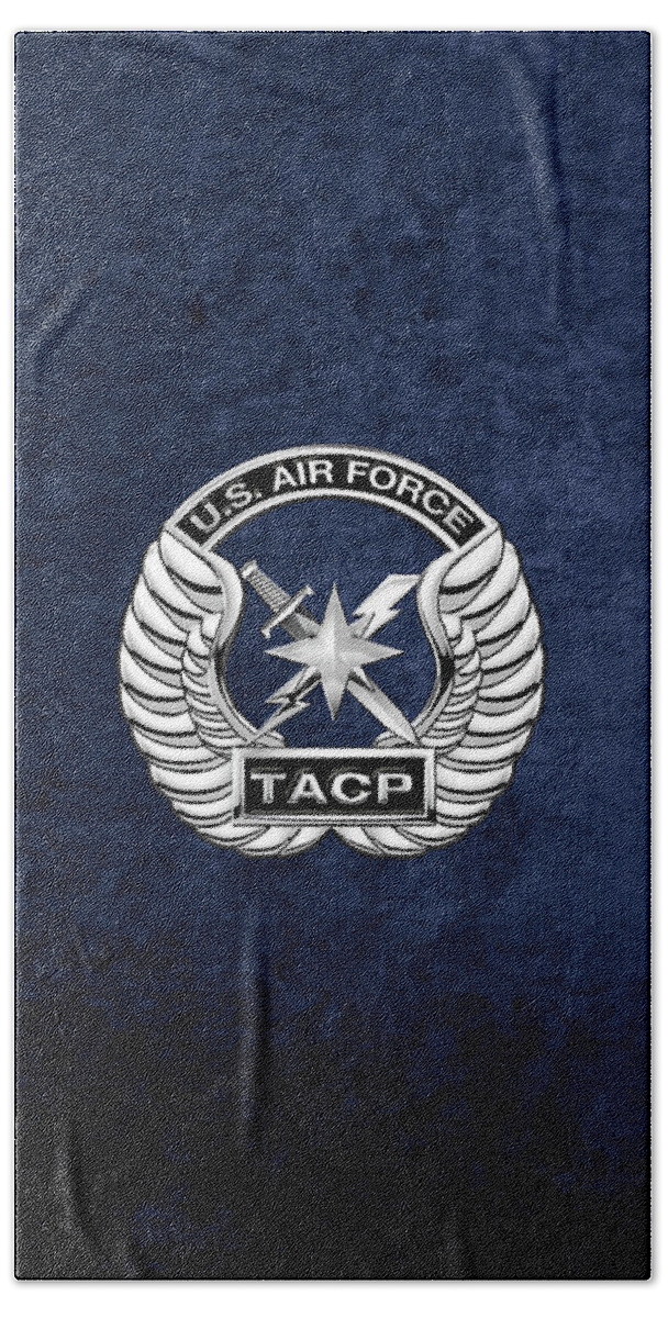 'military Insignia & Heraldry' Collection By Serge Averbukh Bath Towel featuring the digital art U. S. Air Force Tactical Air Control Party - T A C P Badge over Blue Velvet by Serge Averbukh