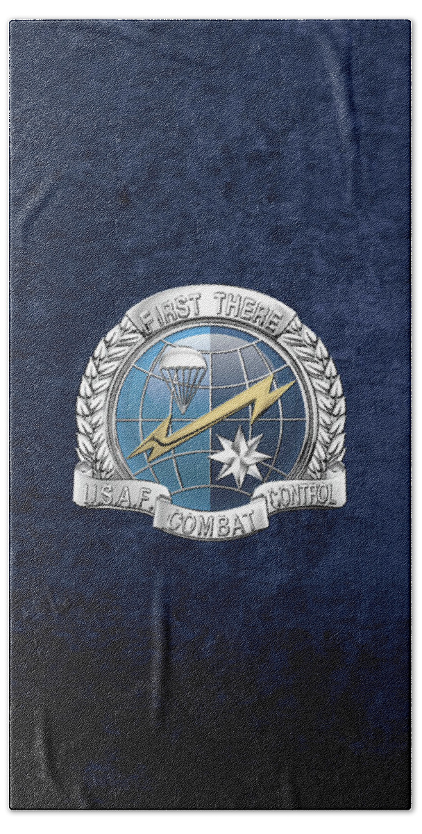 'military Insignia & Heraldry' Collection By Serge Averbukh Bath Towel featuring the digital art U. S. Air Force Combat Control Teams - Combat Controller C C T Badge over Blue Velvet by Serge Averbukh