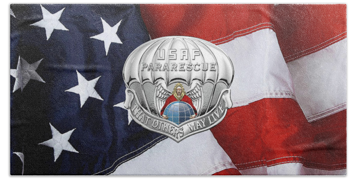 'military Insignia & Heraldry' Collection By Serge Averbukh Hand Towel featuring the digital art U. S. Air Force Pararescuemen - P J Badge over American Flag by Serge Averbukh