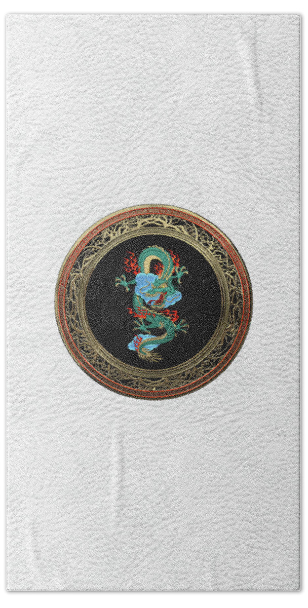'treasure Trove' Collection By Serge Averbukh Hand Towel featuring the digital art Treasure Trove - Turquoise Dragon over White Leather by Serge Averbukh
