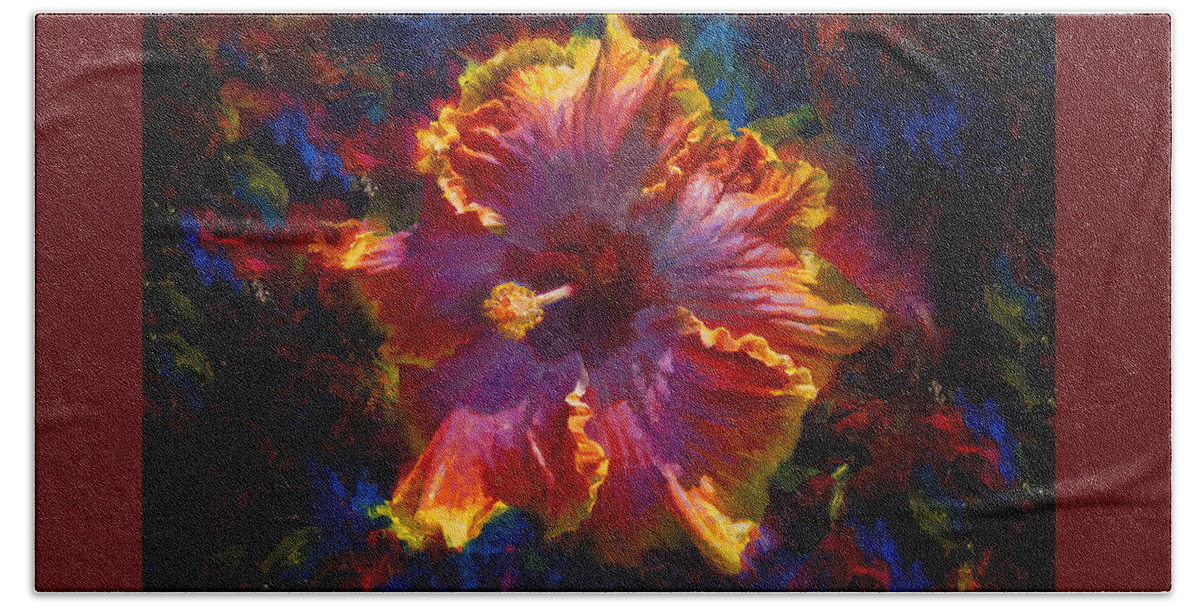 Hawaiian Flower Painting Hand Towel featuring the painting Hawaiian Flower Painting of Rainbow Hibiscus Blossom Tropical Flower Wall Art Botanical Oil Painting by K Whitworth