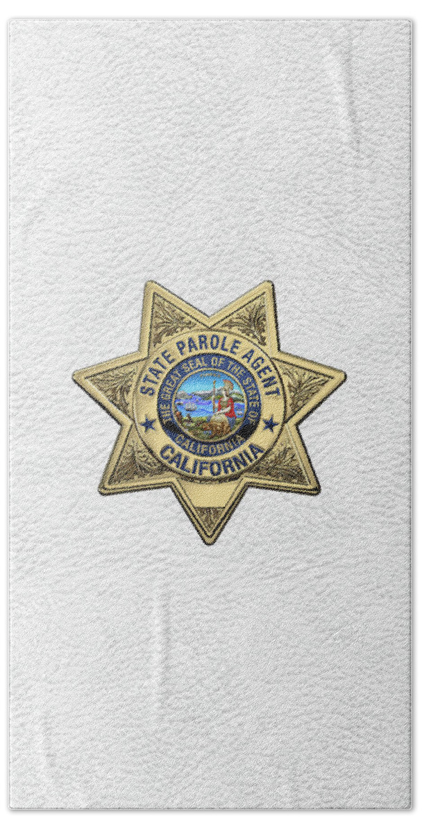 'law Enforcement Insignia & Heraldry' Collection By Serge Averbukh Hand Towel featuring the digital art California State Parole Agent Badge over White Leather by Serge Averbukh