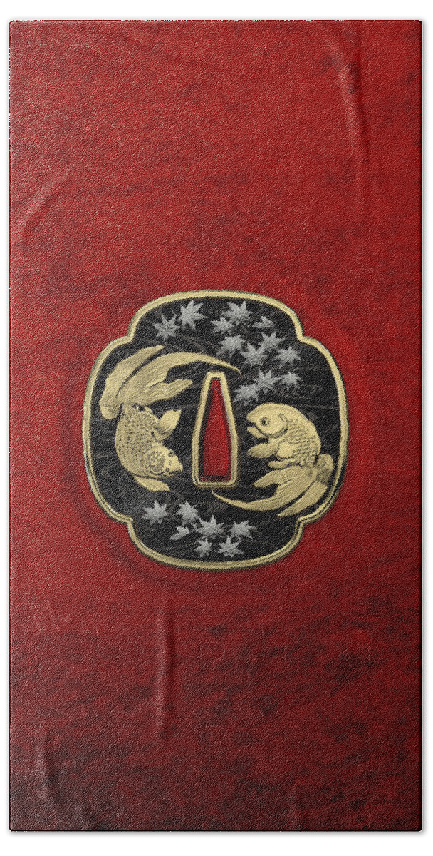 'treasures Of Japan' Collection By Serge Averbukh Hand Towel featuring the photograph Japanese Katana Tsuba - Twin Gold Fish on Black Steel over Red Velvet #1 by Serge Averbukh