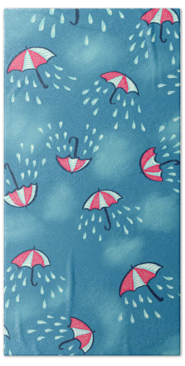 Rain Hand Towel featuring the digital art Fun Raining Umbrella Pattern by Boriana Giormova