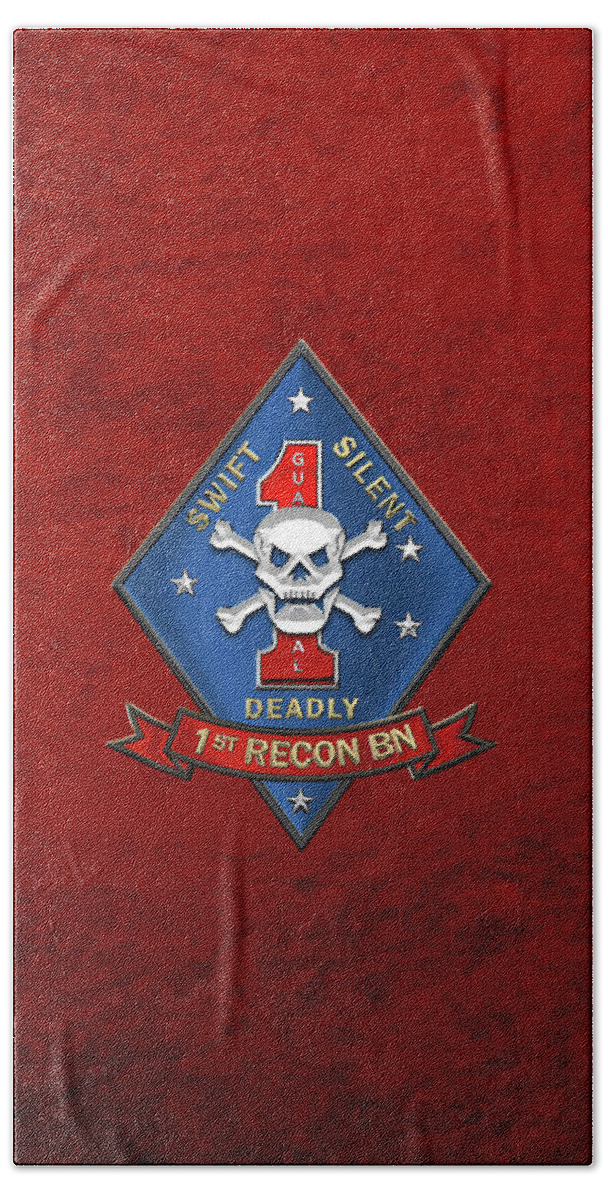 'military Insignia & Heraldry' Collection By Serge Averbukh Bath Towel featuring the digital art U S M C 1st Reconnaissance Battalion - 1st Recon Bn Insignia over Red Velvet by Serge Averbukh