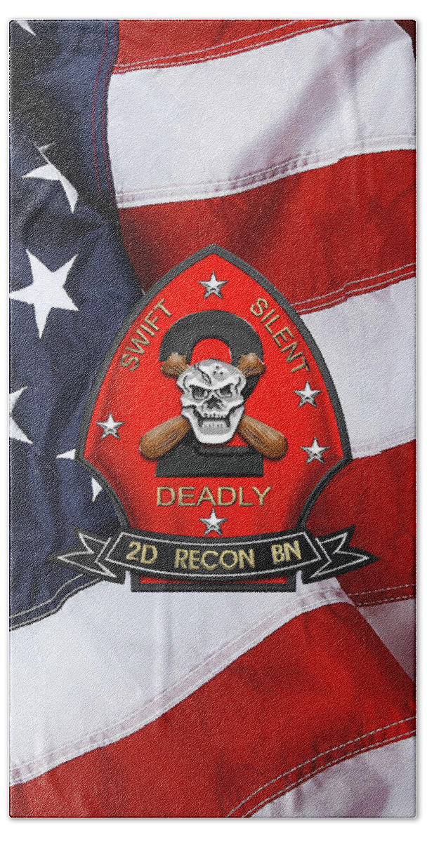 'military Insignia & Heraldry' Collection By Serge Averbukh Bath Towel featuring the digital art U S M C 2nd Reconnaissance Battalion - 2nd Recon Bn Insignia over American Flag by Serge Averbukh