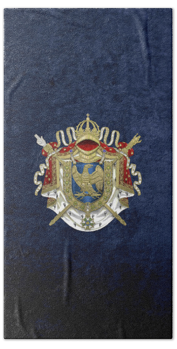 'napoleon Bonaparte' Collection By Serge Averbukh Bath Towel featuring the digital art Greater Coat of Arms of the First French Empire over Blue Velvet by Serge Averbukh