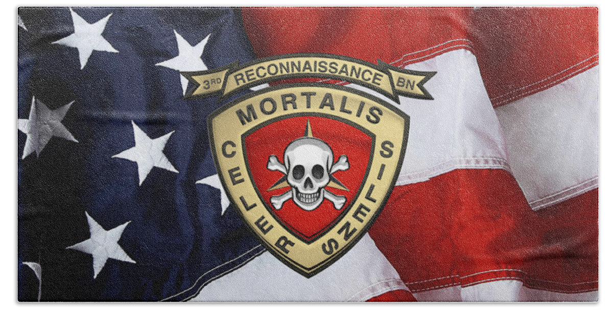 'military Insignia & Heraldry' Collection By Serge Averbukh Bath Towel featuring the digital art U S M C 3rd Reconnaissance Battalion - 3rd Recon Bn Insignia over American Flag by Serge Averbukh