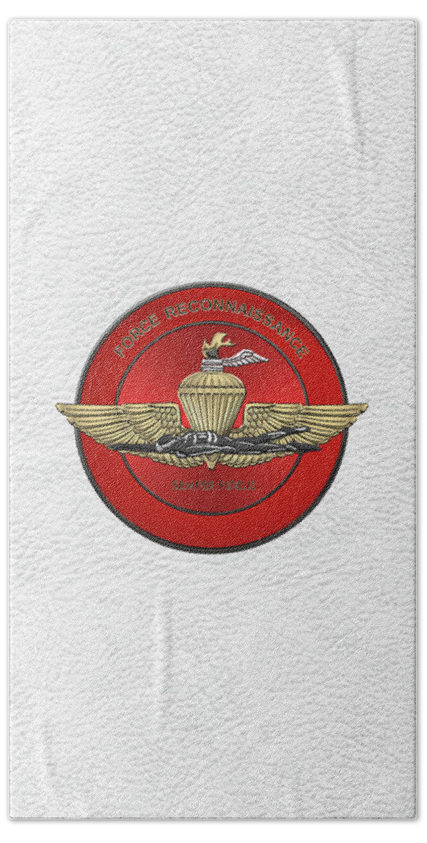 'military Insignia & Heraldry' Collection By Serge Averbukh Bath Towel featuring the digital art Marine Force Reconnaissance - U S M C  F O R E C O N Insignia over White Leather by Serge Averbukh