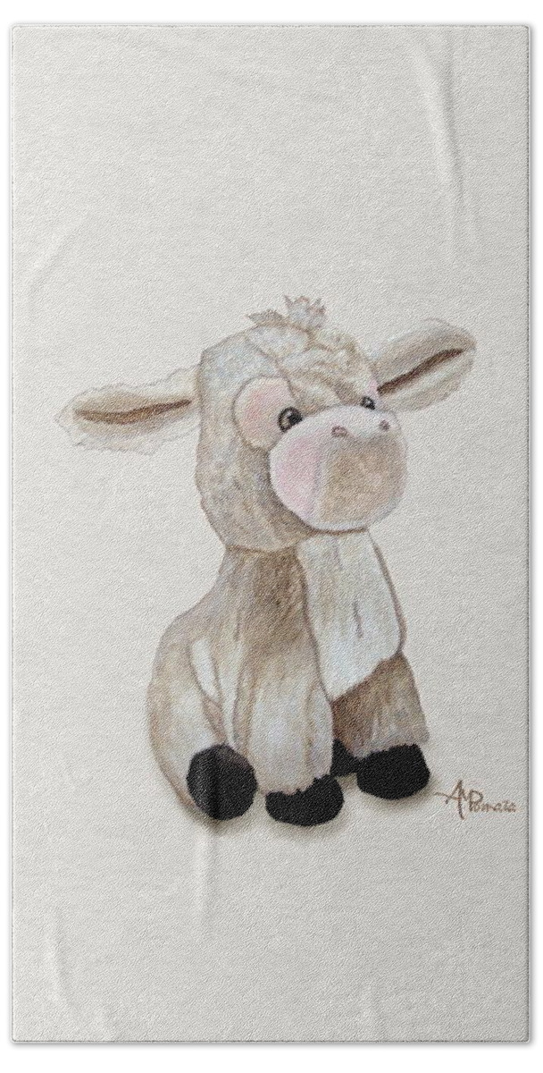Cuddly Animals Hand Towel featuring the painting Cuddly Donkey Watercolor by Angeles M Pomata