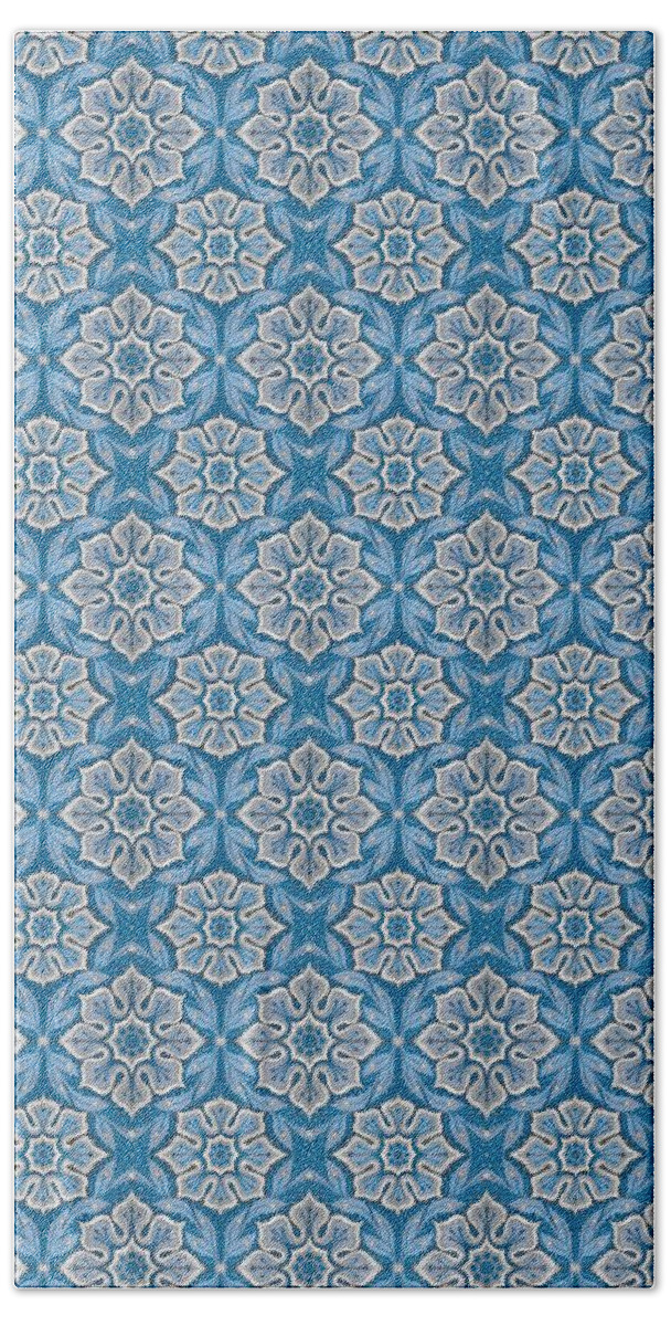 Winter Color Palette Bath Towel featuring the mixed media Snow flower floral pattern in blue and gray by Julia Khoroshikh