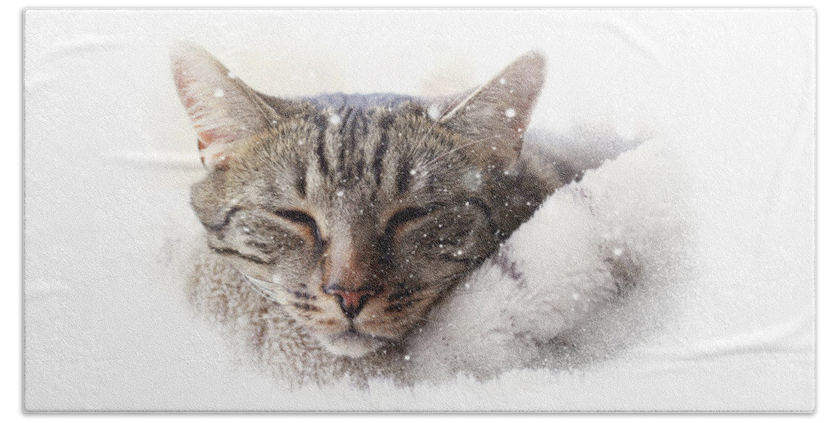 Animal Bath Towel featuring the photograph Cat and snow by Helga Novelli