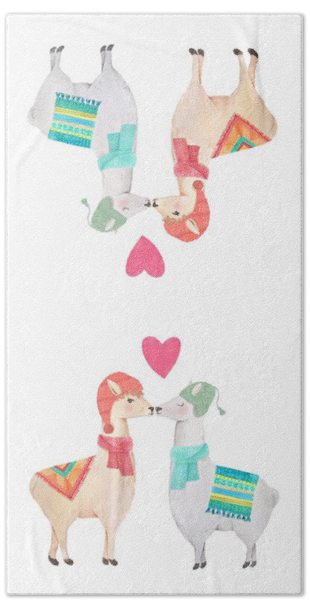Hat Hand Towel featuring the painting Llamas In Love by Little Bunny Sunshine
