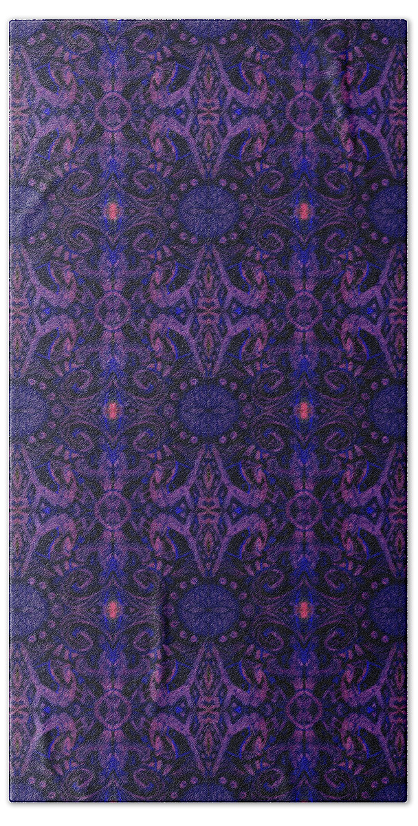 Floral Bath Towel featuring the mixed media Curves and lotuses, abstract pattern, ultra-violet by Julia Khoroshikh