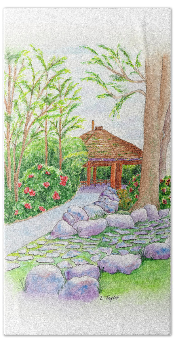 Gazebo Bath Towel featuring the painting Pavilion Pathway by Lori Taylor
