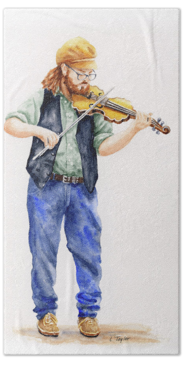 Musician Bath Towel featuring the painting Main Street Minstrel 1 by Lori Taylor