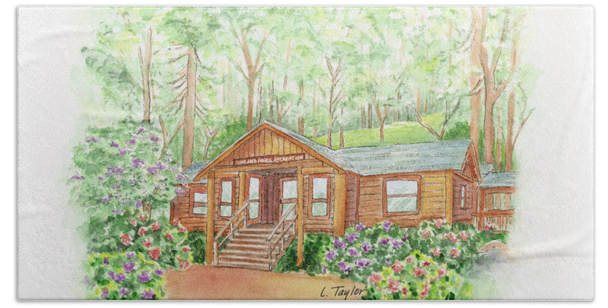 Log Cabin Bath Towel featuring the painting Office in the Park by Lori Taylor