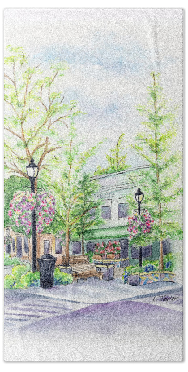 Small Town Hand Towel featuring the painting Across the Plaza by Lori Taylor