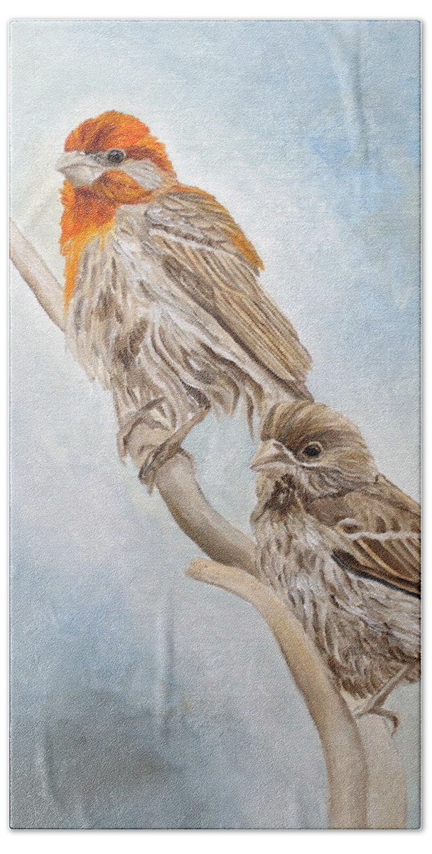Finch Bath Towel featuring the painting House Finch Couple by Angeles M Pomata