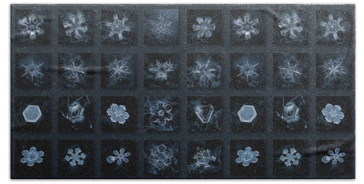 Snowflake Hand Towel featuring the photograph Snowflake collage - Season 2013 dark crystals by Alexey Kljatov