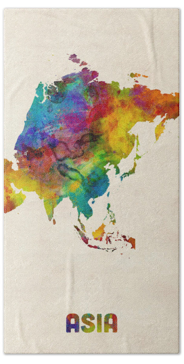 Asia Hand Towel featuring the digital art Asia Continent Watercolor Map by Michael Tompsett