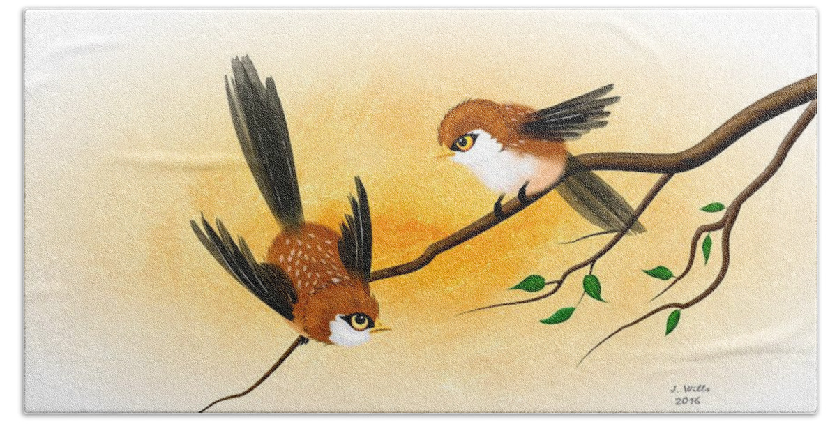 Asian Art Little Brown Sparrow Hand Towel featuring the digital art Asian Art Two Little Sparrows by John Wills