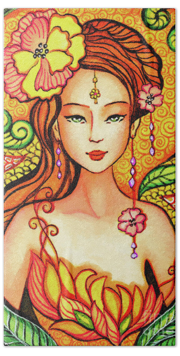 Asian Woman Hand Towel featuring the painting Asian Flower Mermaid by Eva Campbell