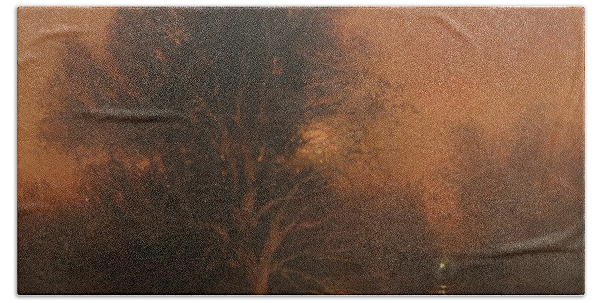 Twilight; Moody Landscape; Woman With Lantern; Tom Shropshire Painting; Atmospheric Landscape Hand Towel featuring the painting Assignation by Tom Shropshire