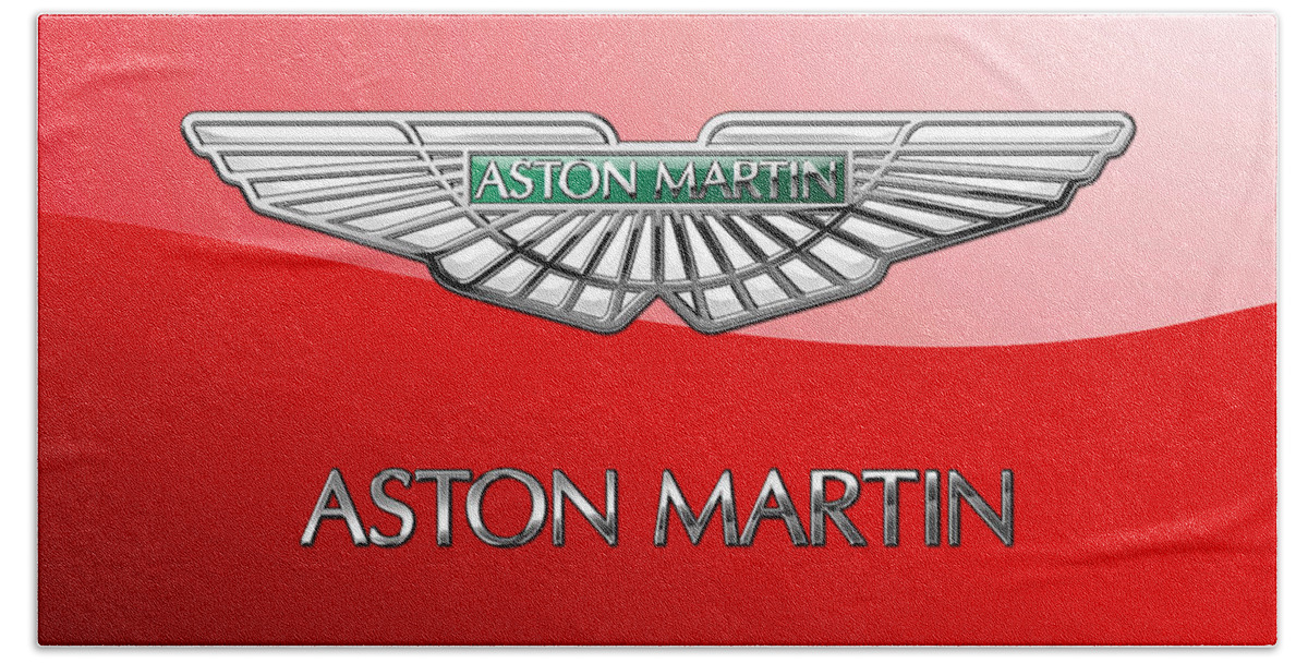 Wheels Of Fortune� Collection By Serge Averbukh Bath Towel featuring the photograph Aston Martin - 3 D Badge on Red by Serge Averbukh