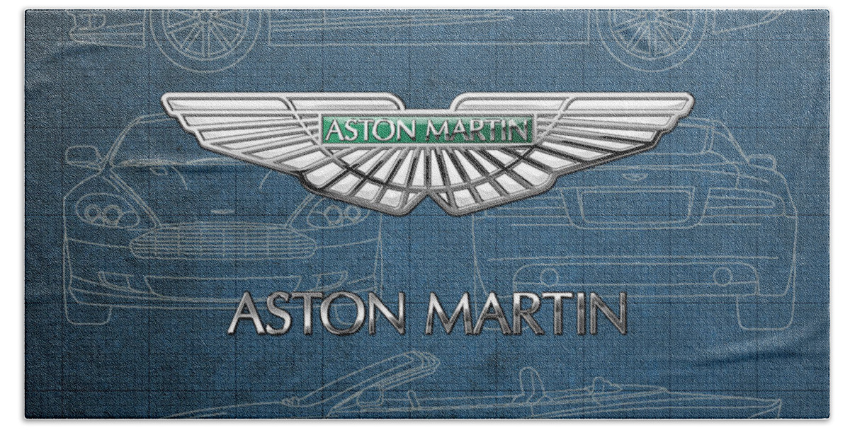 Wheels Of Fortune By Serge Averbukh Bath Towel featuring the photograph Aston Martin 3 D Badge over Aston Martin D B 9 Blueprint by Serge Averbukh