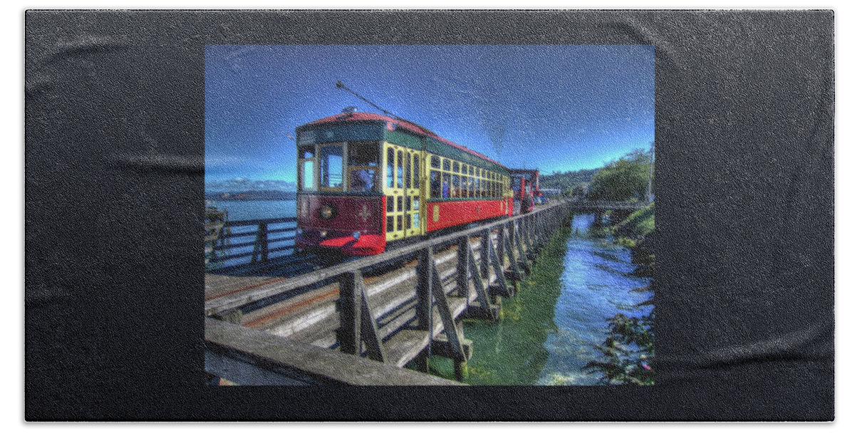 Oregon Coast Hand Towel featuring the photograph Astoria Riverfront Trolley by Thom Zehrfeld