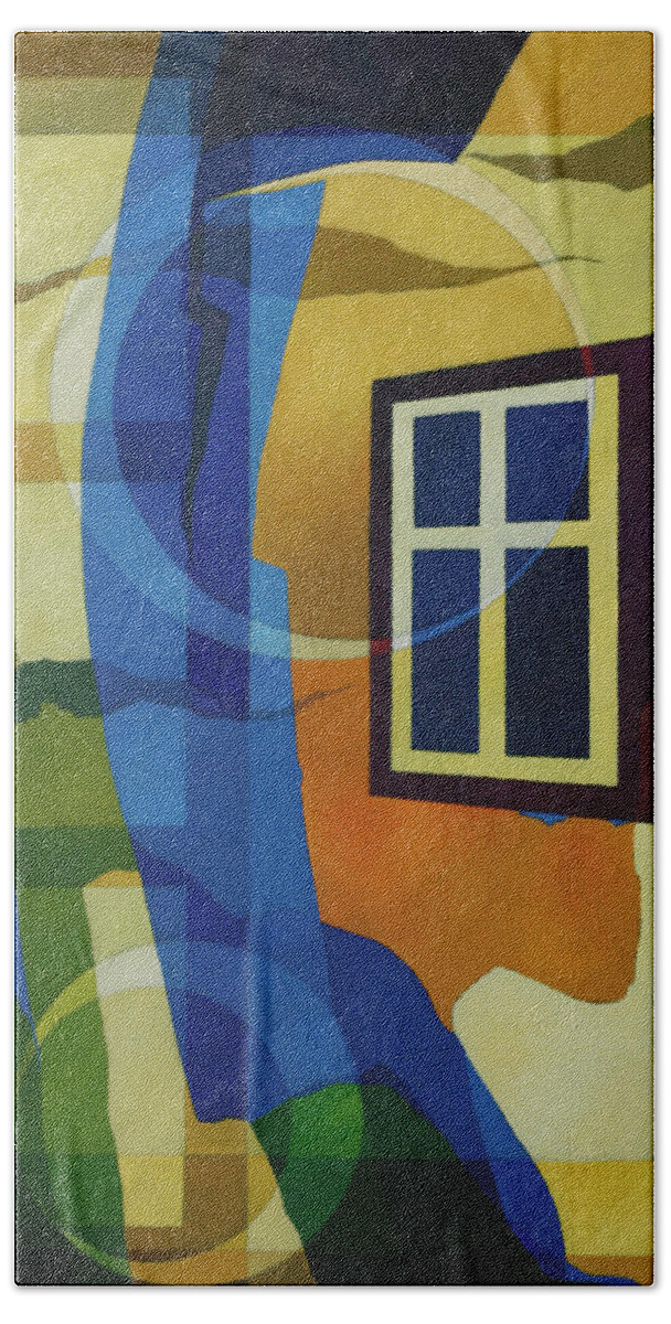 #oil #abstract #geometric #painting #window Bath Towel featuring the painting At Amadeo's Window by Alberto DAssumpcao