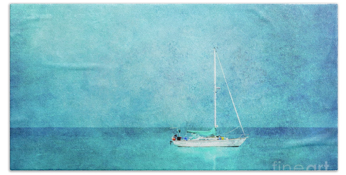 Sailboat Bath Towel featuring the mixed media At Anchor by Betty LaRue