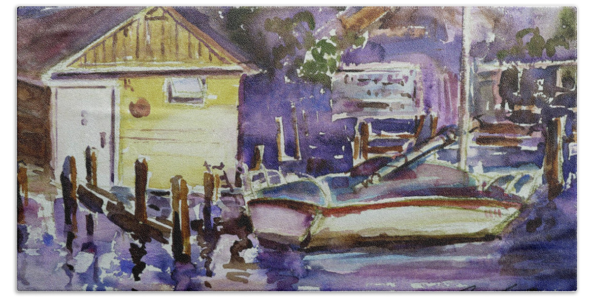 Boathouse Bath Towel featuring the painting At Boat House 3 by Xueling Zou