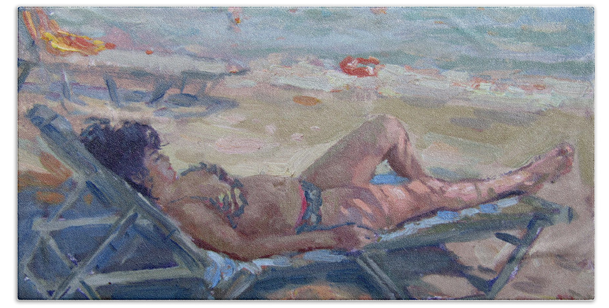 Dilesi Beach Hand Towel featuring the painting At Dilesi Beach Athens by Ylli Haruni